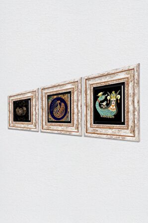 Horus'un Gözü, Tavus Kuşu, Şahmeran Taş Duvar Tablosu Çerçeveli Duvar Dekoru 3 Parça Tablo Seti Wall Art