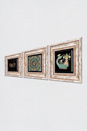 Mandala, Horus'un Gözü, Şahmeran Taş Duvar Tablosu Çerçeveli Duvar Dekoru 3 Parça Tablo Seti Wall Art