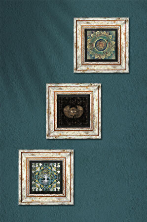 Hayat Ağacı, Mandala, Horus'un Gözü Taş Duvar Tablosu Çerçeveli Duvar Dekoru 3 Parça Tablo Seti Wall Art