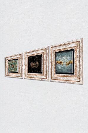 Michelangelo Adem'in Yaratılışı, Mandala, Horus'un Gözü Taş Duvar Tablosu Çerçeveli Duvar Dekoru 3 Parça Tablo Seti Wall Art