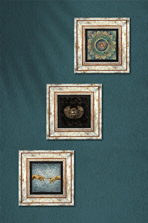 Michelangelo Adem'in Yaratılışı, Mandala, Horus'un Gözü Taş Duvar Tablosu Çerçeveli Duvar Dekoru 3 Parça Tablo Seti Wall Art