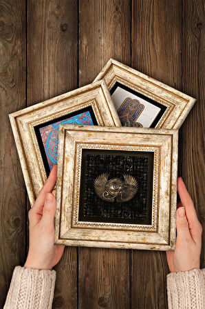 Michelangelo, Horus'un Gözü, Yaşam Çiçeği Taş Duvar Tablosu Çerçeveli Duvar Dekoru 3 Parça Tablo Seti Wall Art