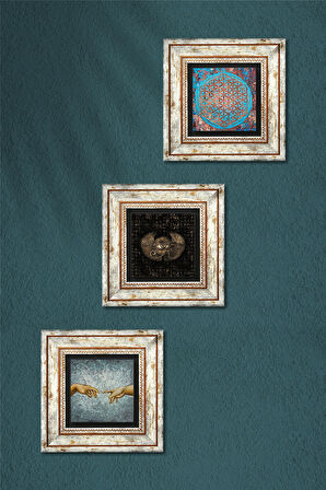 Michelangelo, Horus'un Gözü, Yaşam Çiçeği Taş Duvar Tablosu Çerçeveli Duvar Dekoru 3 Parça Tablo Seti Wall Art