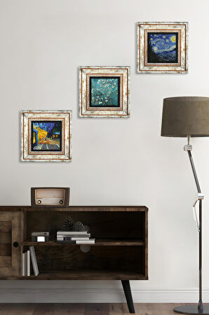Van Gogh Kafe Terasta Gece, Yıldızlı Gece, Badem Ağacı Taş Duvar Tablosu Çerçeveli Duvar Dekoru 3 Parça Tablo Seti Wall Art