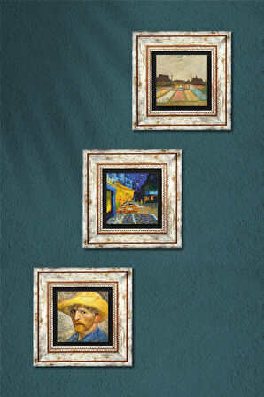 Van Gogh Taş Duvar Tablosu Çerçeveli Duvar Dekoru 3 Parça Tablo Seti Wall Art