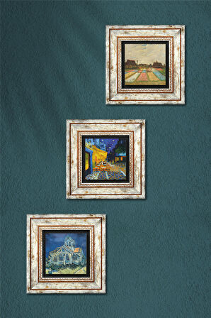 Van Gogh Taş Duvar Tablosu Çerçeveli Duvar Dekoru 3 Parça Tablo Seti Wall Art