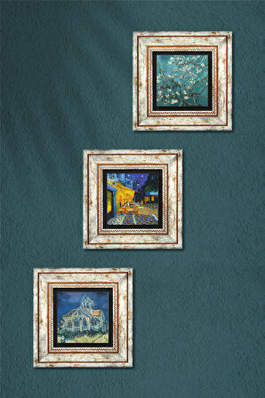 Van Gogh Kilise, Kafe Terasta Gece, Badem Ağacı Taş Duvar Tablosu Çerçeveli Duvar Dekoru 3 Parça Tablo Seti Wall Art