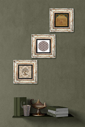 Yaşam Çiçeği, Esma'ül Hüsna, Hayat Ağacı Taş Duvar Tablosu Çerçeveli Duvar Dekoru 3 Parça Tablo Seti Wall Art