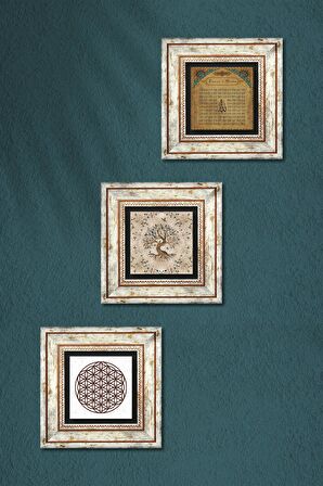 Yaşam Çiçeği, Esma'ül Hüsna, Hayat Ağacı Taş Duvar Tablosu Çerçeveli Duvar Dekoru 3 Parça Tablo Seti Wall Art