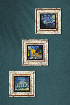 Van Gogh Kilise, Kafe Terasta Gece, Yıldızlı Gece Taş Duvar Tablosu Çerçeveli Duvar Dekoru 3 Parça Tablo Seti Wall Art