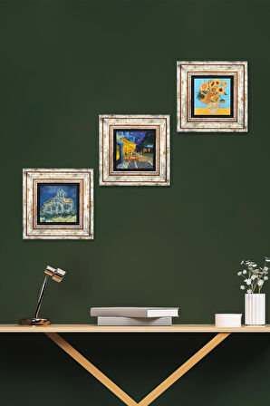Van Gogh Kilise, Kafe Terasta Gece, On İki Ayçiçekli Vazo Taş Duvar Tablosu Çerçeveli Duvar Dekoru 3 Parça Tablo Seti Wall Art