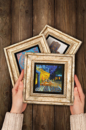 Van Gogh Kilise, Kafe Terasta Gece, On İki Ayçiçekli Vazo Taş Duvar Tablosu Çerçeveli Duvar Dekoru 3 Parça Tablo Seti Wall Art