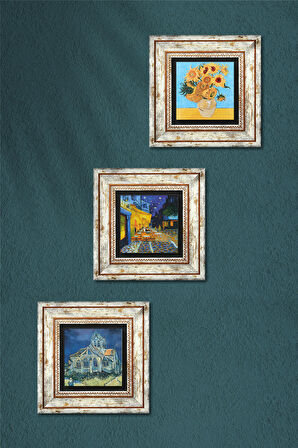 Van Gogh Kilise, Kafe Terasta Gece, On İki Ayçiçekli Vazo Taş Duvar Tablosu Çerçeveli Duvar Dekoru 3 Parça Tablo Seti Wall Art