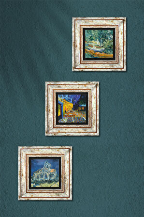 Van Gogh Kilise, Oise Bankası, Kafe Terasta Gece Taş Duvar Tablosu Çerçeveli Duvar Dekoru 3 Parça Tablo Seti Wall Art