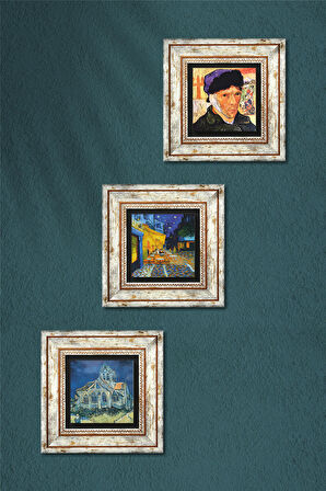 Van Gogh Kilise, Otoportre, Kafe Terasta Gece Taş Duvar Tablosu Çerçeveli Duvar Dekoru 3 Parça Tablo Seti Wall Art