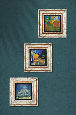 Van Gogh Kilise, Yatak Odası, Kafe Terasta Gece Taş Duvar Tablosu Çerçeveli Duvar Dekoru 3 Parça Tablo Seti Wall Art