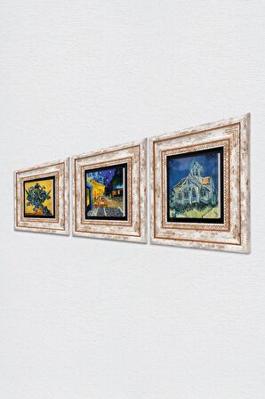 Van Gogh Auvers'deki Kilise, Süsenler, Kafe Terasta Gece Taş Duvar Tablosu Çerçeveli Duvar Dekoru 3 Parça Tablo Seti Wall Art
