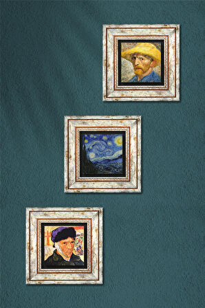 Van Gogh Taş Duvar Tablosu Çerçeveli Duvar Dekoru 3 Parça Tablo Seti Wall Art