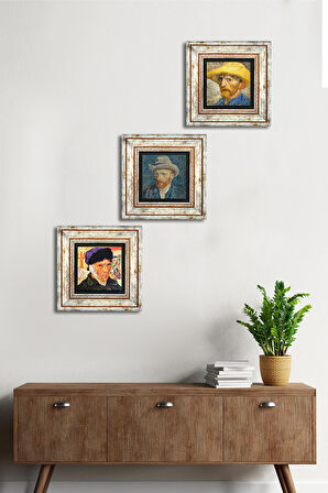Van Gogh Otoportre Taş Duvar Tablosu Çerçeveli Duvar Dekoru 3 Parça Tablo Seti Wall Art