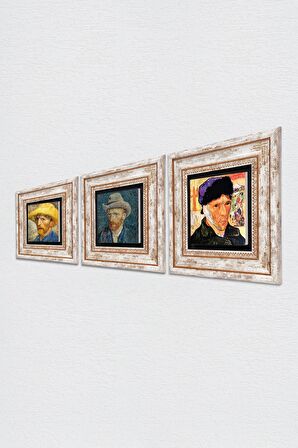 Van Gogh Otoportre Taş Duvar Tablosu Çerçeveli Duvar Dekoru 3 Parça Tablo Seti Wall Art