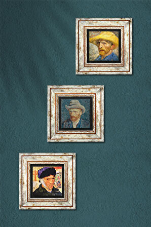 Van Gogh Otoportre Taş Duvar Tablosu Çerçeveli Duvar Dekoru 3 Parça Tablo Seti Wall Art