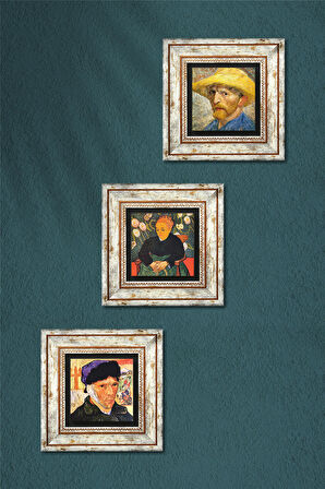 Van Gogh Otoportre, La Berceuse Taş Duvar Tablosu Çerçeveli Duvar Dekoru 3 Parça Tablo Seti Wall Art