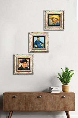 Van Gogh Taş Duvar Tablosu Çerçeveli Duvar Dekoru 3 Parça Tablo Seti Wall Art
