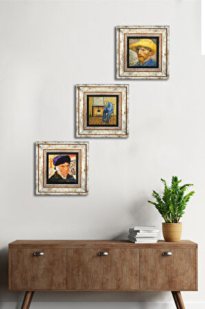 Van Gogh Taş Duvar Tablosu Çerçeveli Duvar Dekoru 3 Parça Tablo Seti Wall Art