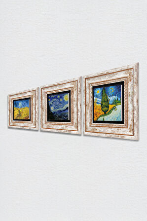 Van Gogh Taş Duvar Tablosu Çerçeveli Duvar Dekoru 3 Parça Tablo Seti Wall Art