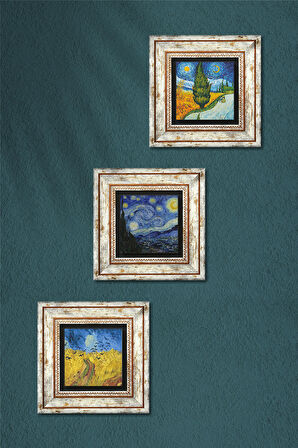 Van Gogh Taş Duvar Tablosu Çerçeveli Duvar Dekoru 3 Parça Tablo Seti Wall Art