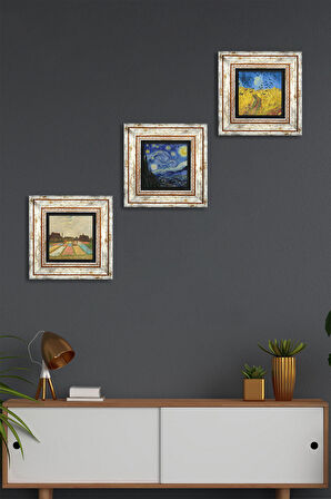 Van Gogh Taş Duvar Tablosu Çerçeveli Duvar Dekoru 3 Parça Tablo Seti Wall Art