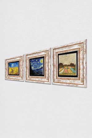 Van Gogh Taş Duvar Tablosu Çerçeveli Duvar Dekoru 3 Parça Tablo Seti Wall Art