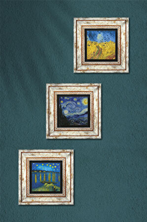Van Gogh Taş Duvar Tablosu Çerçeveli Duvar Dekoru 3 Parça Tablo Seti Wall Art