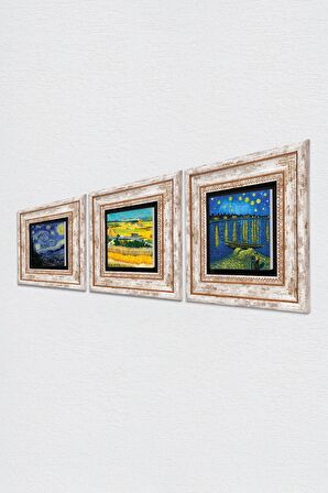 Van Gogh Taş Duvar Tablosu Çerçeveli Duvar Dekoru 3 Parça Tablo Seti Wall Art