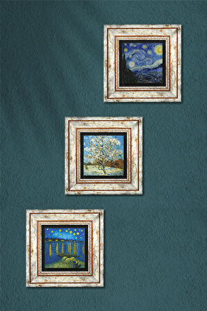 Van Gogh Taş Duvar Tablosu Çerçeveli Duvar Dekoru 3 Parça Tablo Seti Wall Art