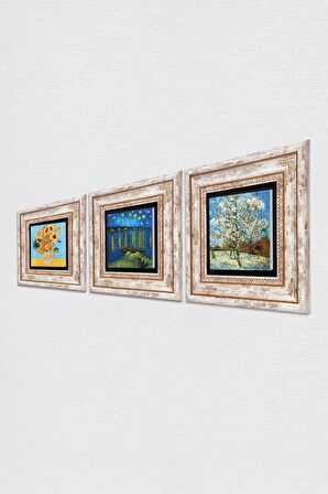 Van Gogh Taş Duvar Tablosu Çerçeveli Duvar Dekoru 3 Parça Tablo Seti Wall Art
