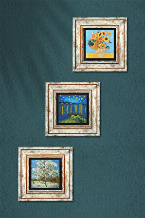 Van Gogh Taş Duvar Tablosu Çerçeveli Duvar Dekoru 3 Parça Tablo Seti Wall Art