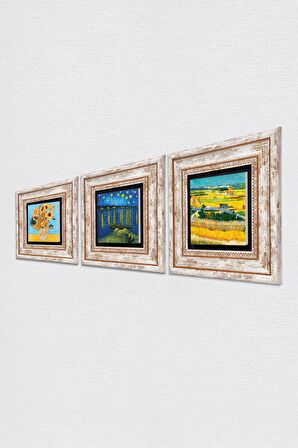 Van Gogh Taş Duvar Tablosu Çerçeveli Duvar Dekoru 3 Parça Tablo Seti Wall Art