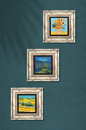 Van Gogh Taş Duvar Tablosu Çerçeveli Duvar Dekoru 3 Parça Tablo Seti Wall Art