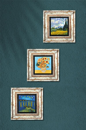 Van Gogh Taş Duvar Tablosu Çerçeveli Duvar Dekoru 3 Parça Tablo Seti Wall Art
