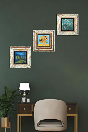 Van Gogh Taş Duvar Tablosu Çerçeveli Duvar Dekoru 3 Parça Tablo Seti Wall Art