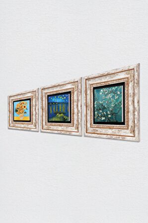 Van Gogh Taş Duvar Tablosu Çerçeveli Duvar Dekoru 3 Parça Tablo Seti Wall Art