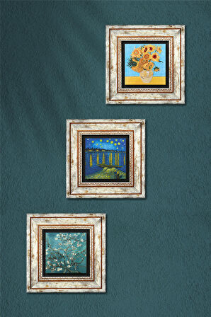 Van Gogh Taş Duvar Tablosu Çerçeveli Duvar Dekoru 3 Parça Tablo Seti Wall Art