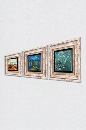 Van Gogh Taş Duvar Tablosu Çerçeveli Duvar Dekoru 3 Parça Tablo Seti Wall Art