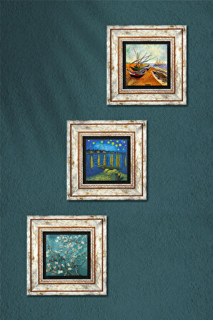 Van Gogh Taş Duvar Tablosu Çerçeveli Duvar Dekoru 3 Parça Tablo Seti Wall Art