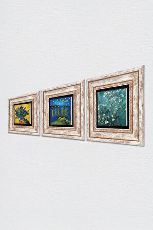 Van Gogh Ren Nehri, Süsenler, Badem Ağacı Taş Duvar Tablosu Çerçeveli Duvar Dekoru 3 Parça Tablo Seti Wall Art