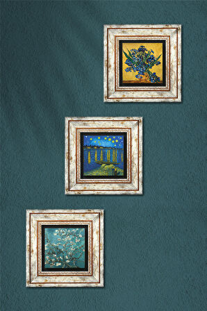 Van Gogh Ren Nehri, Süsenler, Badem Ağacı Taş Duvar Tablosu Çerçeveli Duvar Dekoru 3 Parça Tablo Seti Wall Art
