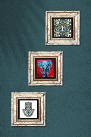 Hayat Ağacı, Fil, Fatma Ana Eli (Hamsa) Taş Duvar Tablosu Çerçeveli Duvar Dekoru 3 Parça Tablo Seti Wall Art