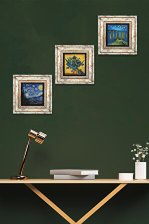 Van Gogh Ren Nehri, Süsenler, Yıldızlı Gece Taş Duvar Tablosu Çerçeveli Duvar Dekoru 3 Parça Tablo Seti Wall Art