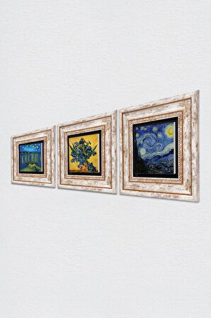 Van Gogh Ren Nehri, Süsenler, Yıldızlı Gece Taş Duvar Tablosu Çerçeveli Duvar Dekoru 3 Parça Tablo Seti Wall Art